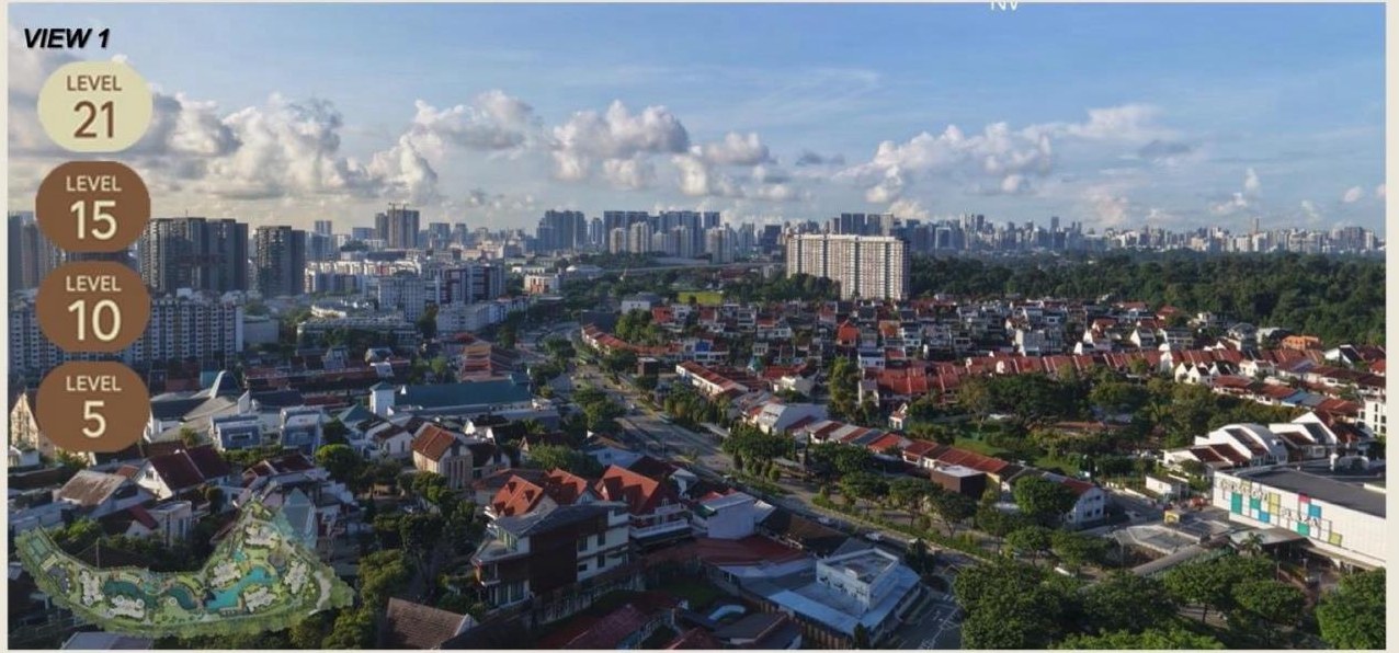 Real view evidence from an upper floor — skyline over landed rooftops with level markers